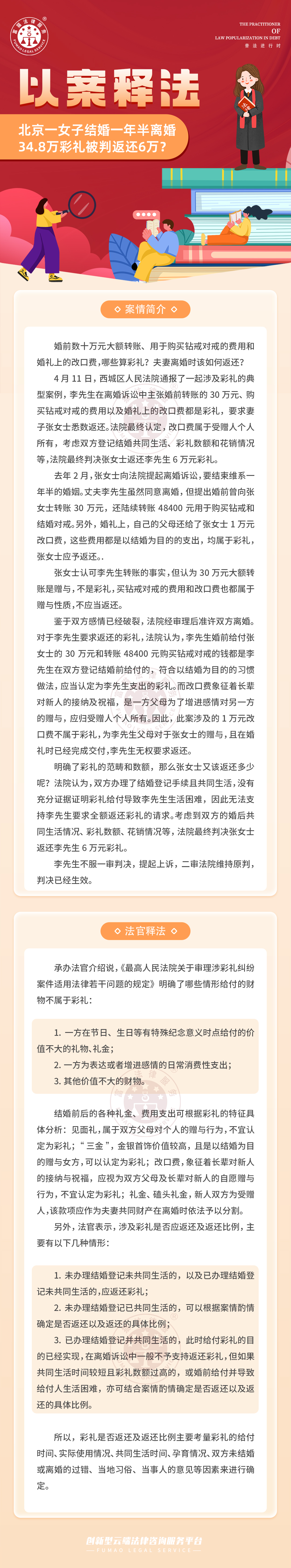 富貓法務(wù)：離婚半年34.8萬彩禮被判返還6萬？