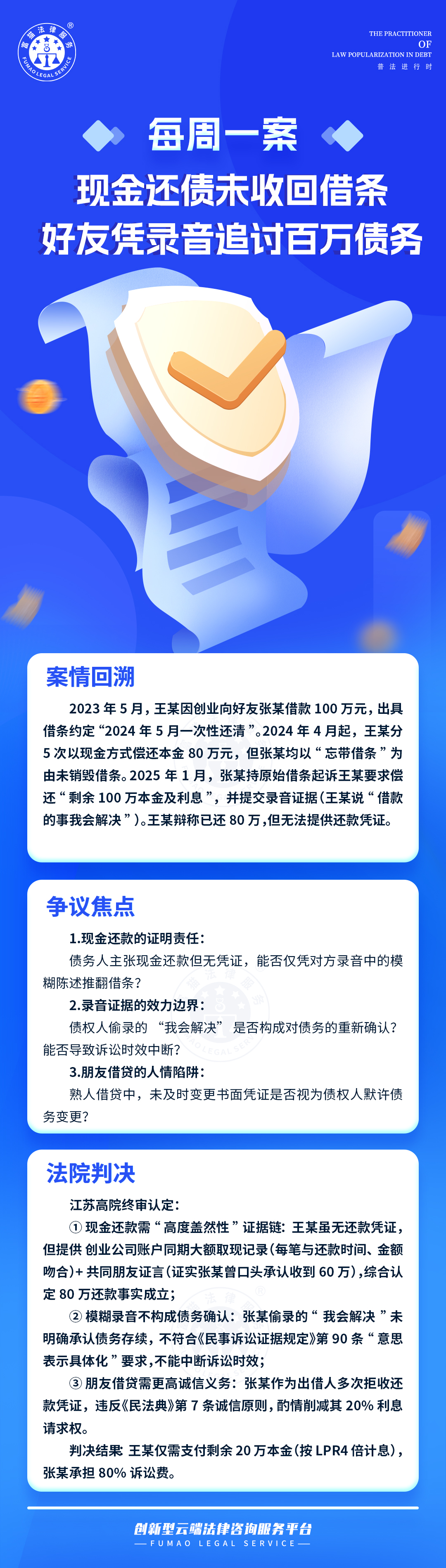 富貓法務：現金還債未收回借條，好友憑錄音追討百萬債務！